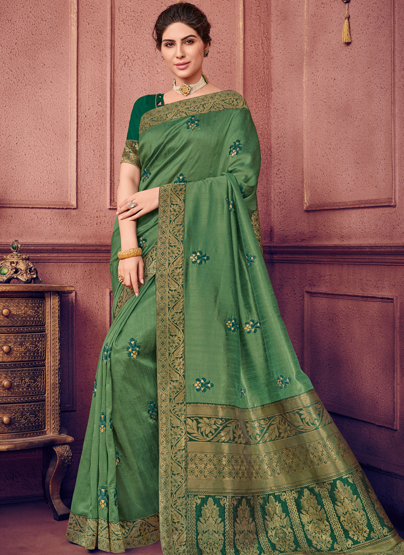 Embroidered Green Art Silk Traditional Saree Buy Online