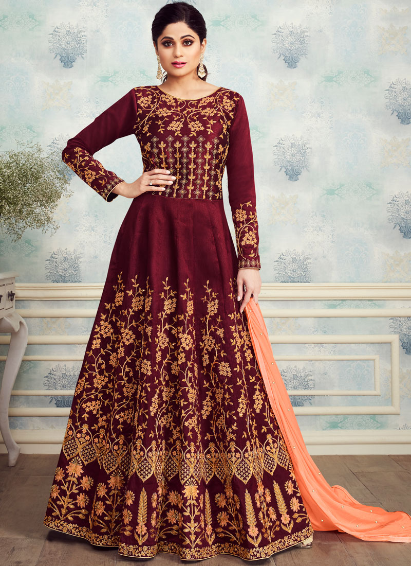 Buy Embroidered Silk Trendy Anarkali Salwar Kameez in Maroon Online ...