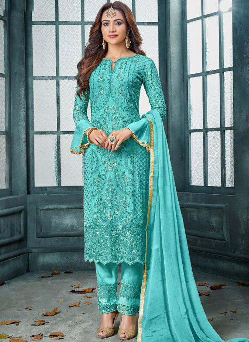 Shop Online Faux Georgette Embroidered Aqua Blue Trendy Pakistani ...