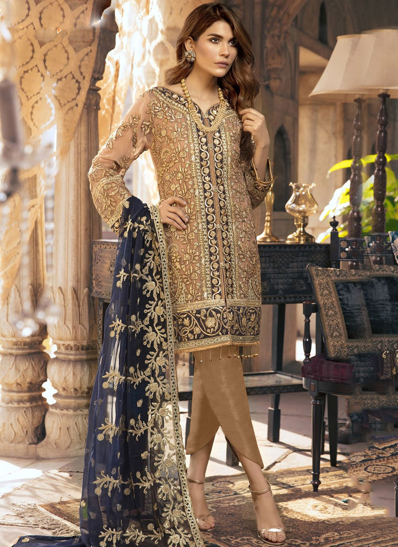 Buy Faux Georgette Resham Brown Designer Suit : 103020