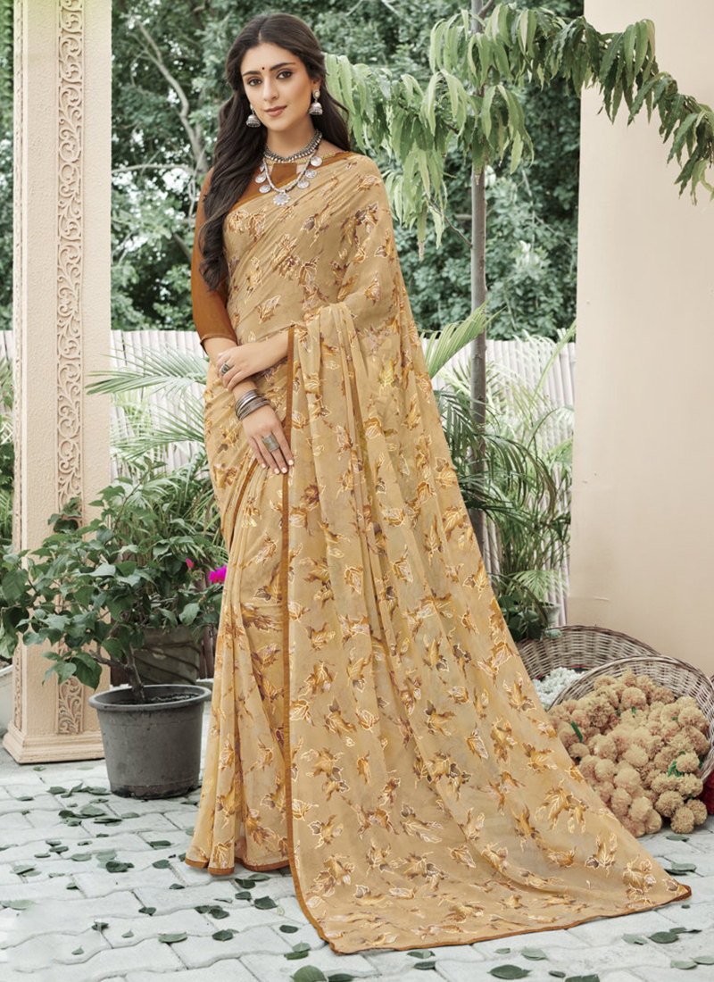 Buy Printed Casual Saree in Peach 129862 Casual Sarees