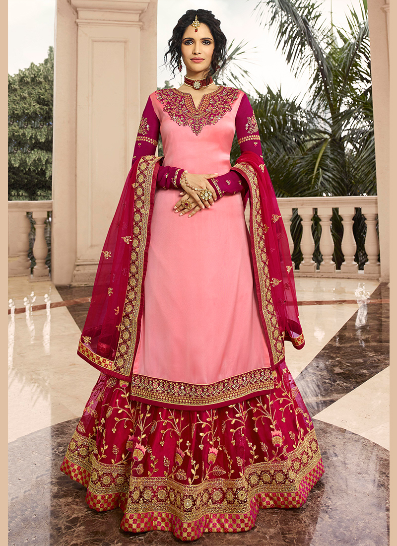 Pink With Yellow Banarsi Silk Dori Work Bridal Lehenga