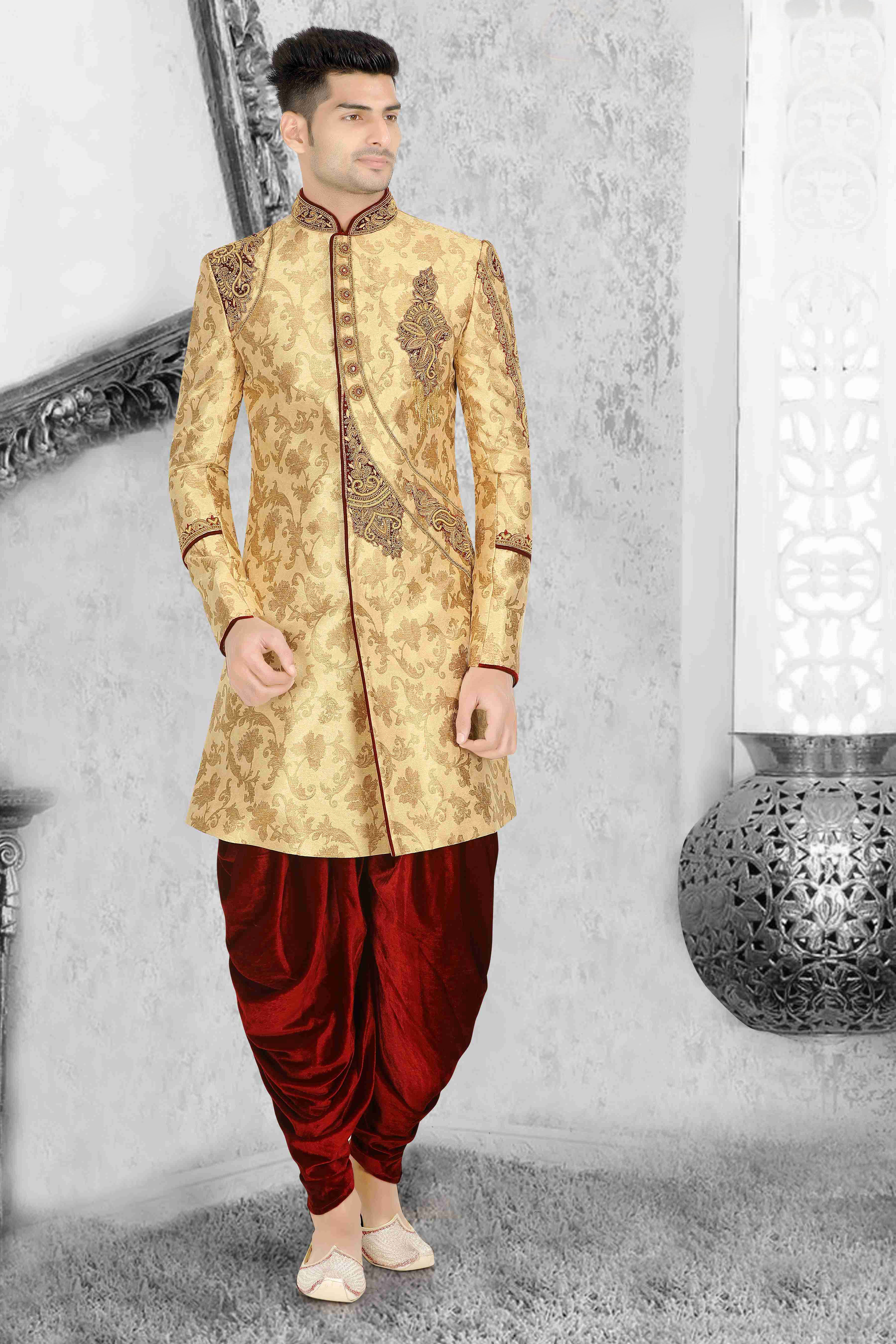 Shop Online Gold Embroidered Art Dupion Silk Indo Western Sherwani