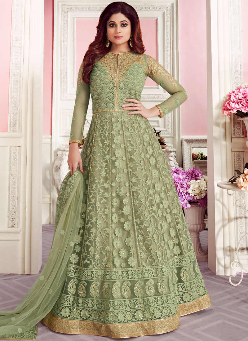 Buy Green Net Mehndi Anarkali Salwar Suit Online