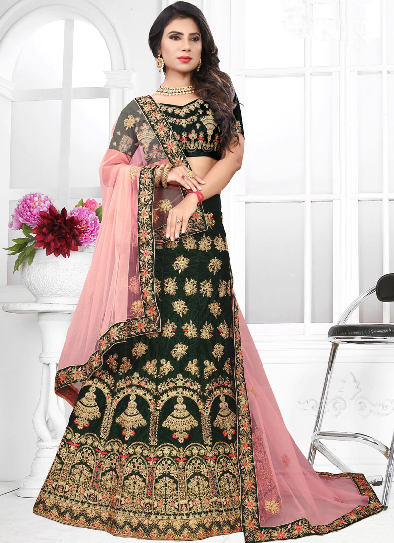 Buy Green Velvet Wedding Lehenga Choli 99092 