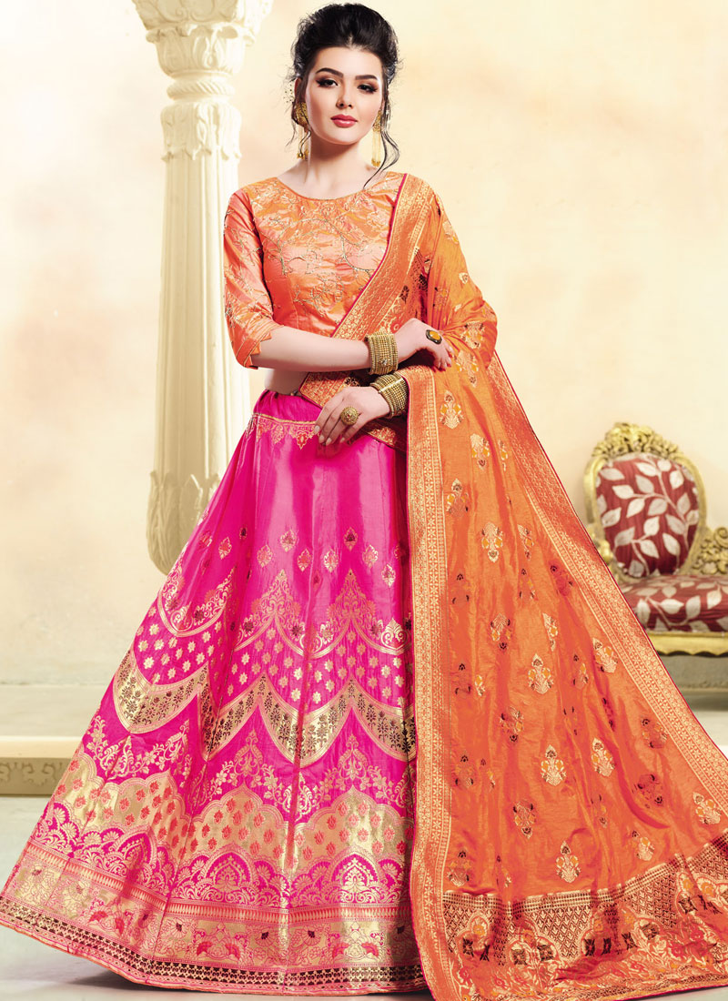 Buy Pink Orange Bandhani Stitched Lehenga & Dupatta With Unstitched Blouse  (Set Of 3) online