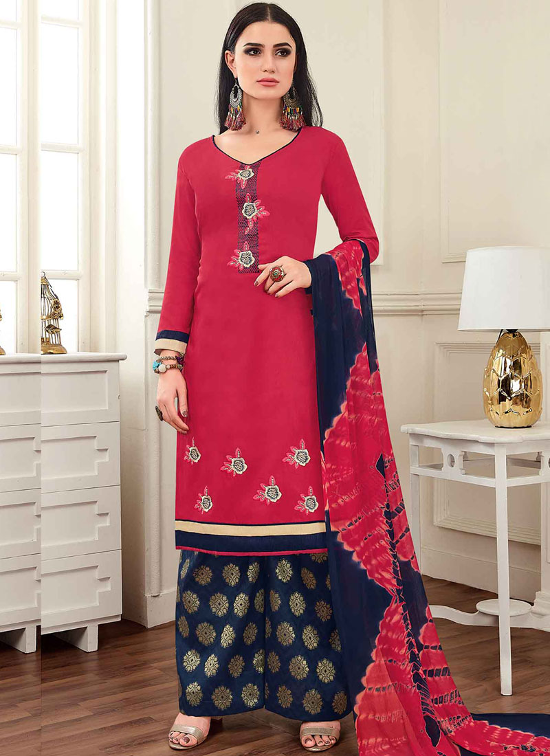 Buy Online Hot Pink Embroidered Palazzo Suit : 104575