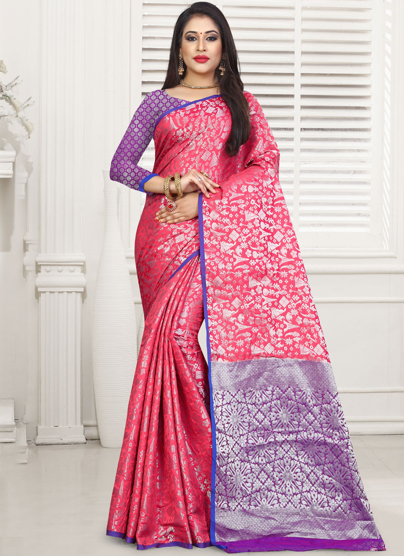 Hot Pink Jacquard Silk Traditional Saree buy online