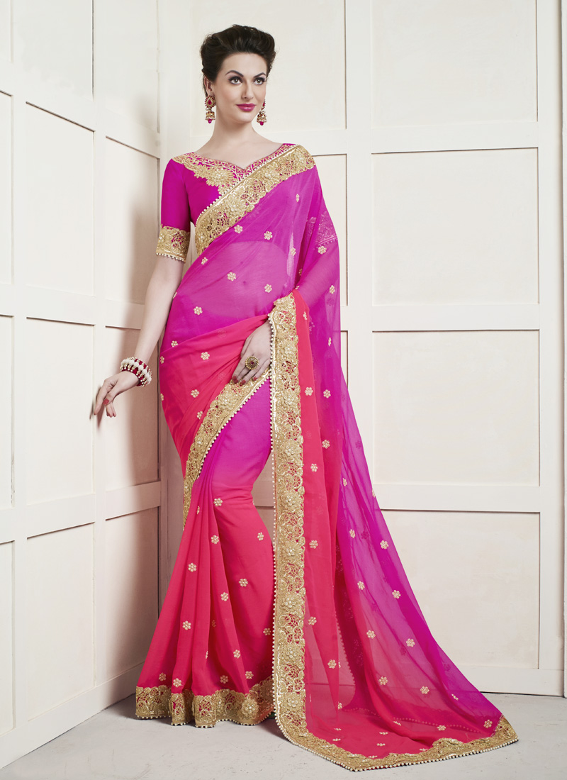 Buy Hot Pink Patch Border Work Faux Chiffon Shaded Saree Online : Italy