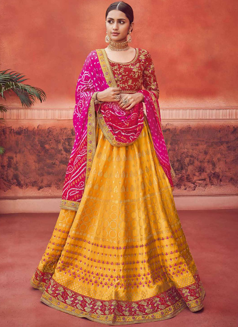 Genius Silk Mustard Patch Border Readymade Lehenga Choli