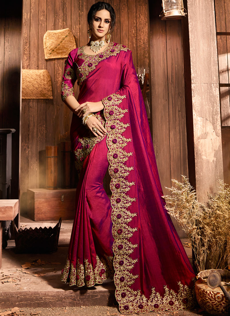 Buy Online Magenta Embroidered Wedding Designer Saree : 108838