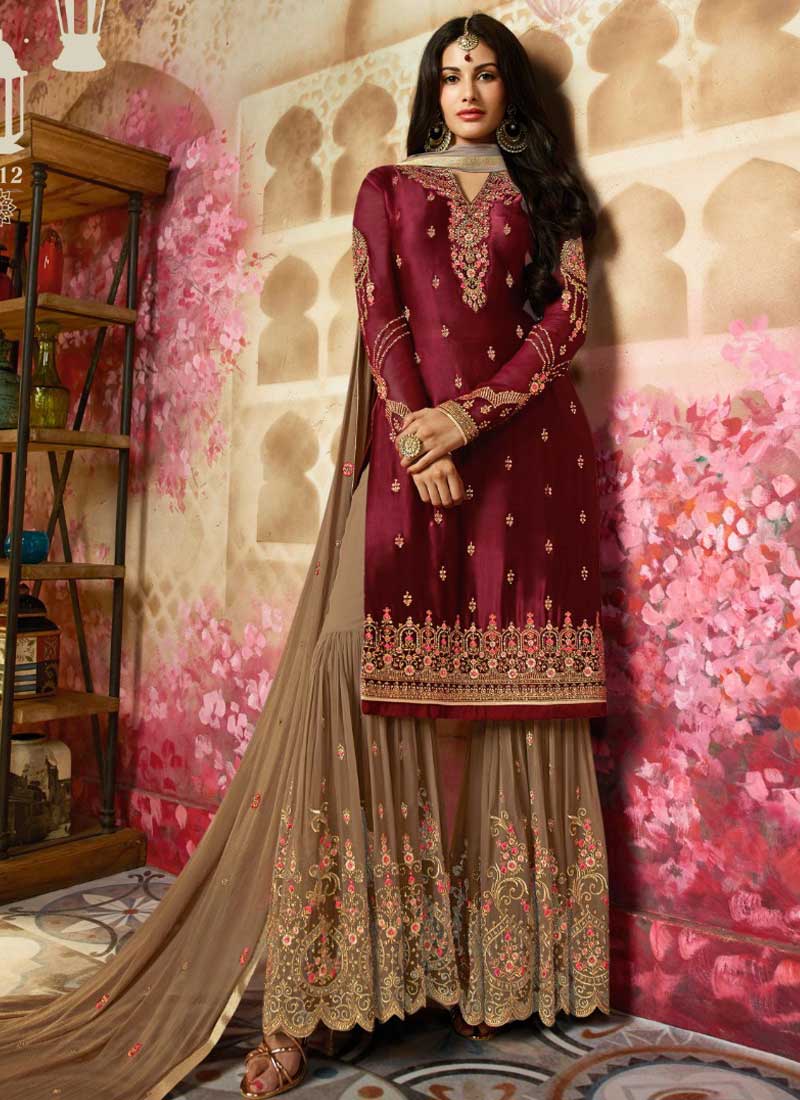 Buy Maroon Embroidered Designer Pakistani Suit : 122442