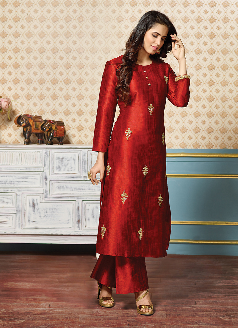 red designer party wear kurtis