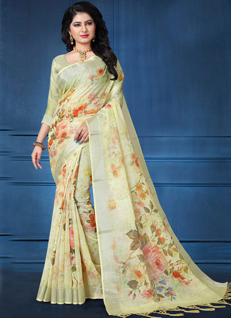 multicolor new trendy latest soft and smooth golden zari digital print saree