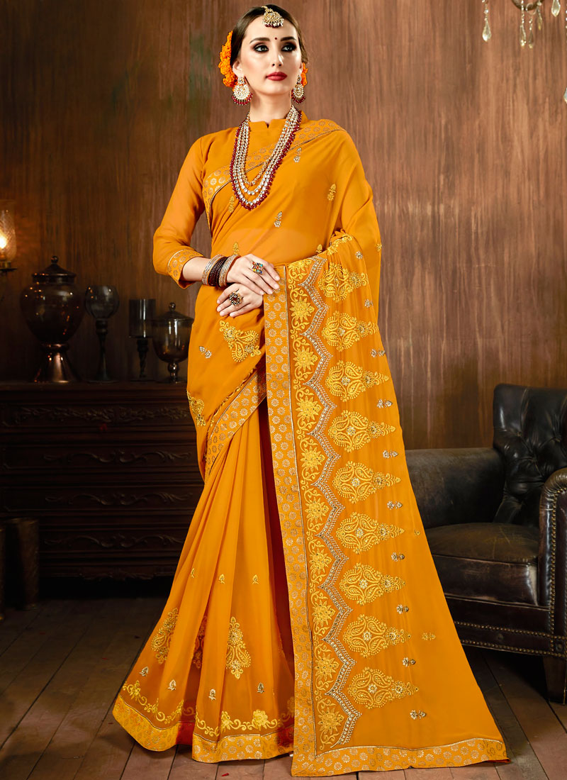 Buy Mustard Embroidered Faux Georgette Traditional Saree : 103427