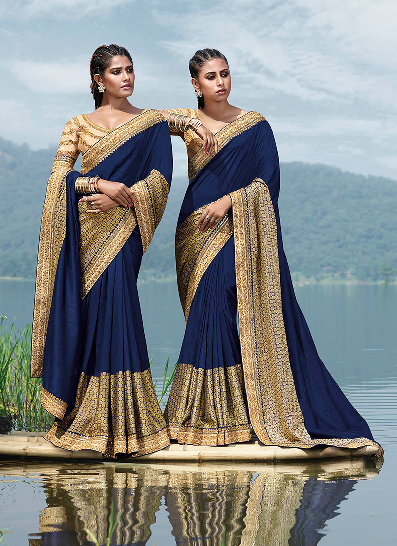 Navy blue saree shop with golden border