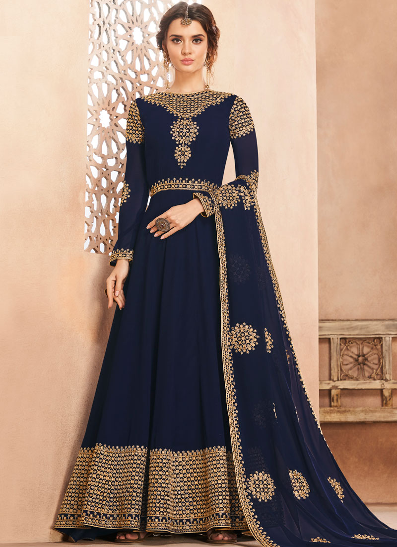 Buy Navy Blue Sangeet Georgette Anarkali Salwar Suit Online : 98655