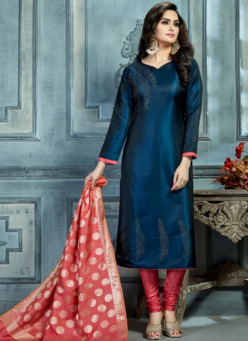 Buy Plain Taffeta Silk Churidar Suit in Blue Color Online - SALA2195