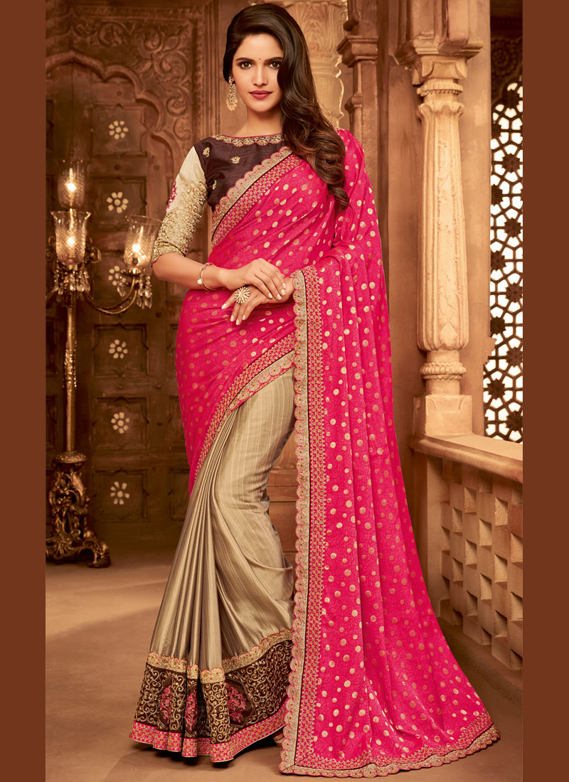 Shop Patch Border Fancy Fabric Beige And Hot Pink Designer Half N Half Saree Online
