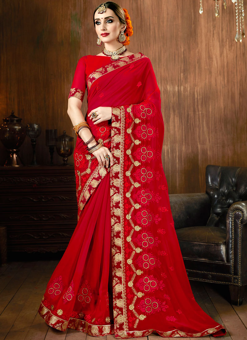 Buy Patch Border Red Classic Saree Online