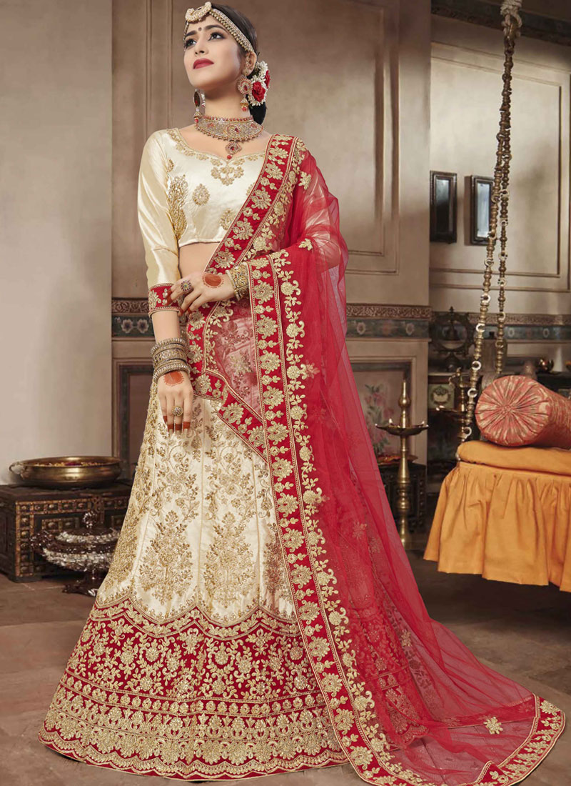 Shop Online Patch Border Satin Silk Lehenga Choli in Beige : 107403