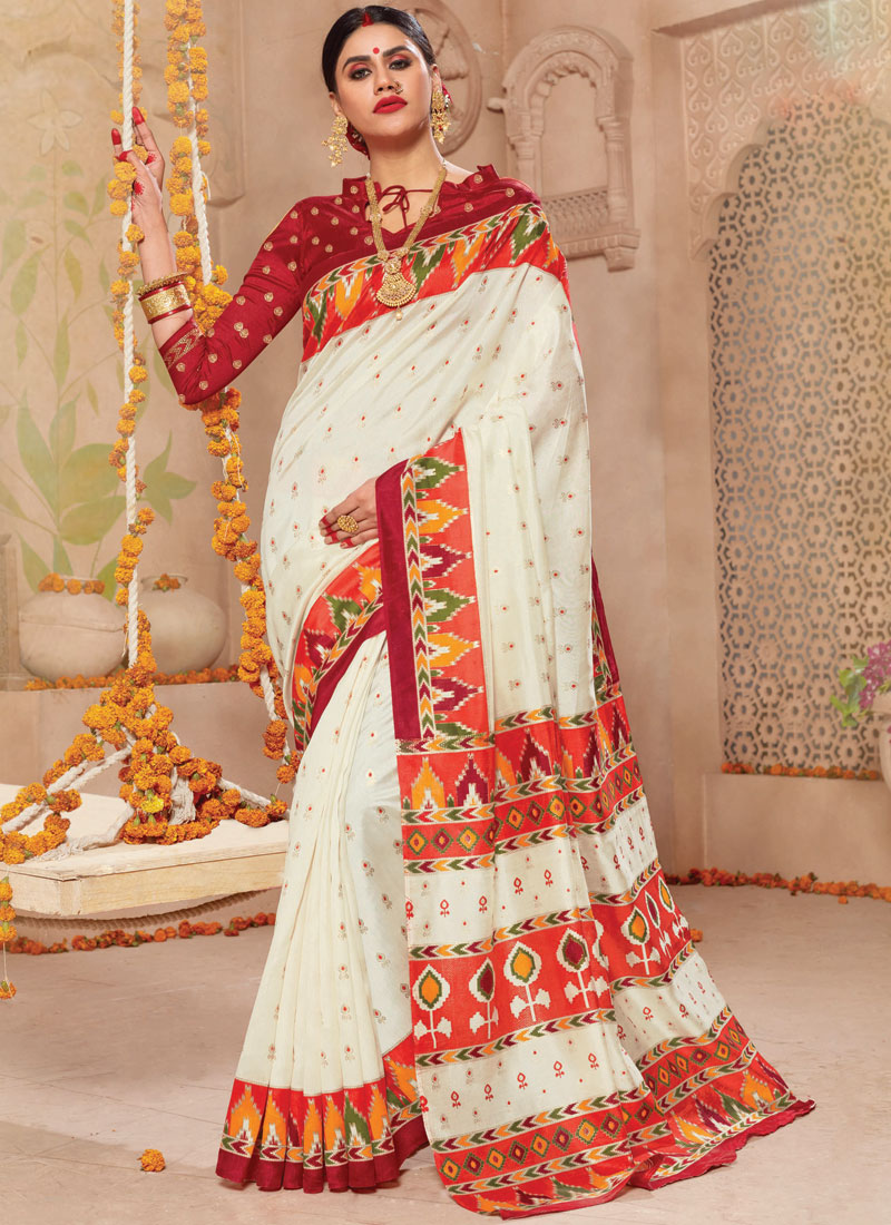 Off White & Red Patola Silk Saree - Urban Womania