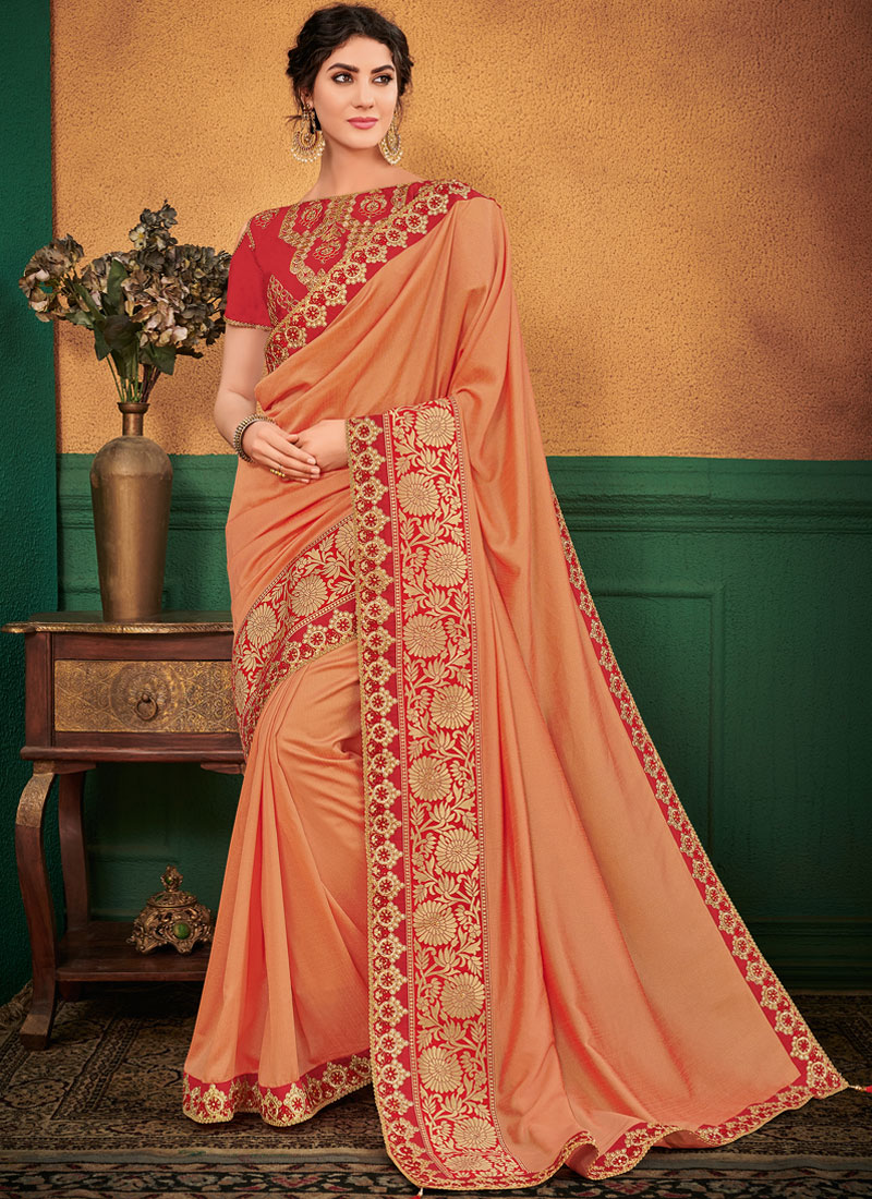 Shop Online Peach Ceremonial Art Silk Designer Traditional Saree ...
