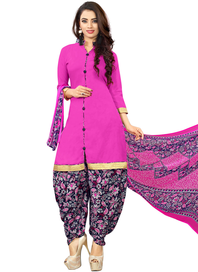 Buy Poly Cotton Printed Hot Pink Punjabi Suit Online - Salwar Kameez