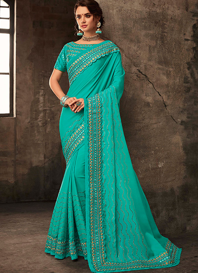 Shop Poly Silk Embroidered Silk Saree In Turquoise Online 128679