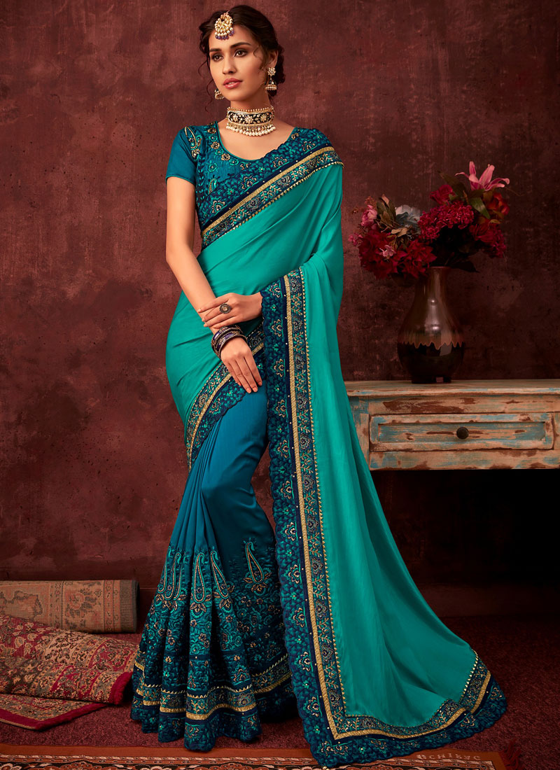 Parrot green and ink blue bandhni and banarasi half and half saree| SI