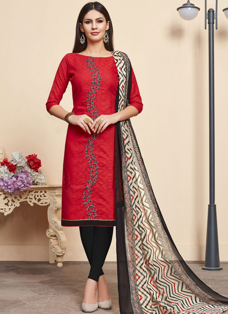 Shop Printed Red Cotton Churidar Designer Suit Online : 123725 -