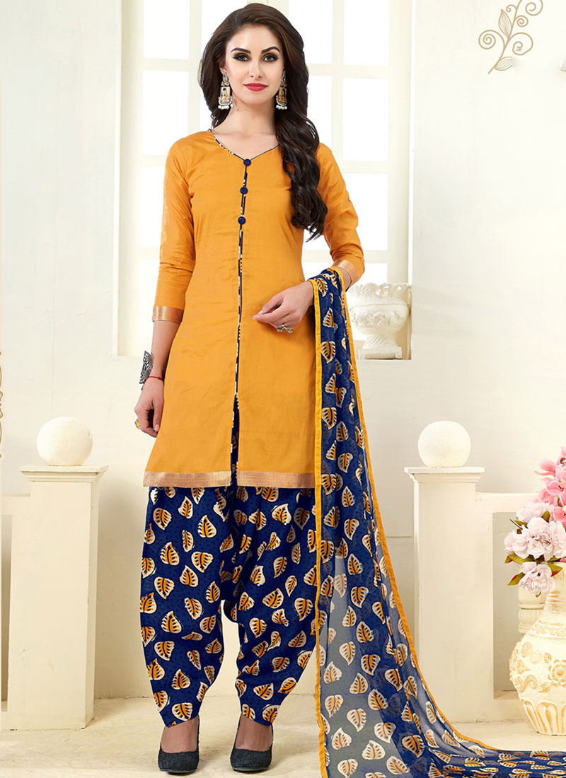 Buy Punjabi Suit Print Cotton in Yellow : 99621