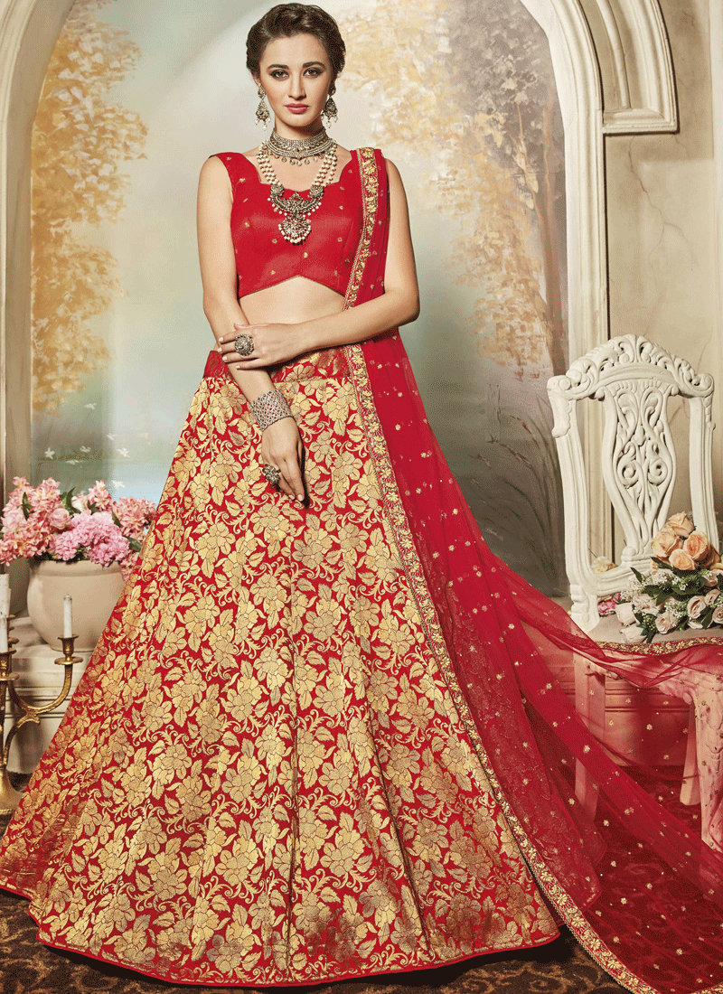 Buy Red Lace Work Art Silk Lehenga Choli Online 