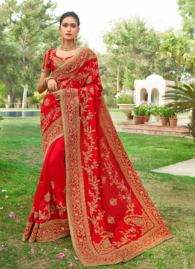 Buy Online Red Silk Embroidered Designer Saree : 116536 - Wedding Sarees