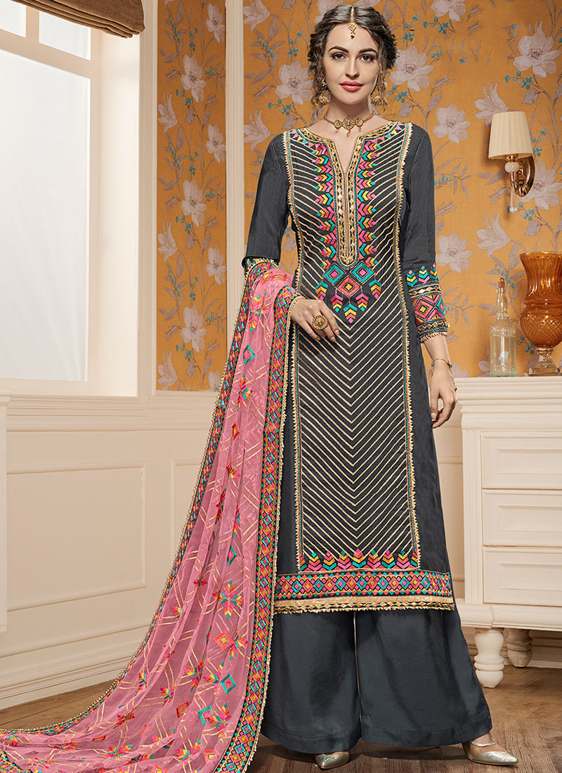 Buy Resham Grey Designer Pakistani Suit Online