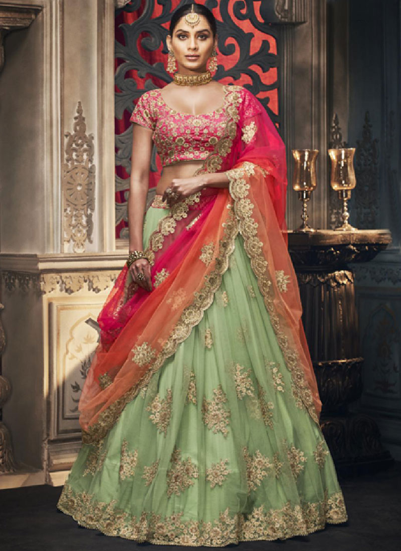 Pista Green Lehenga With Georgette Fabric And Thread With Sequince  Embroidered Work And Heavy Can-can Lehenga For Wedding And Party Wear, शादी  का लहंगा - Shivam E-Commerce, Surat | ID: 26440778933