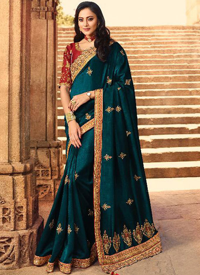 Heavy Work Teal Blue Color Dola Silk Saree