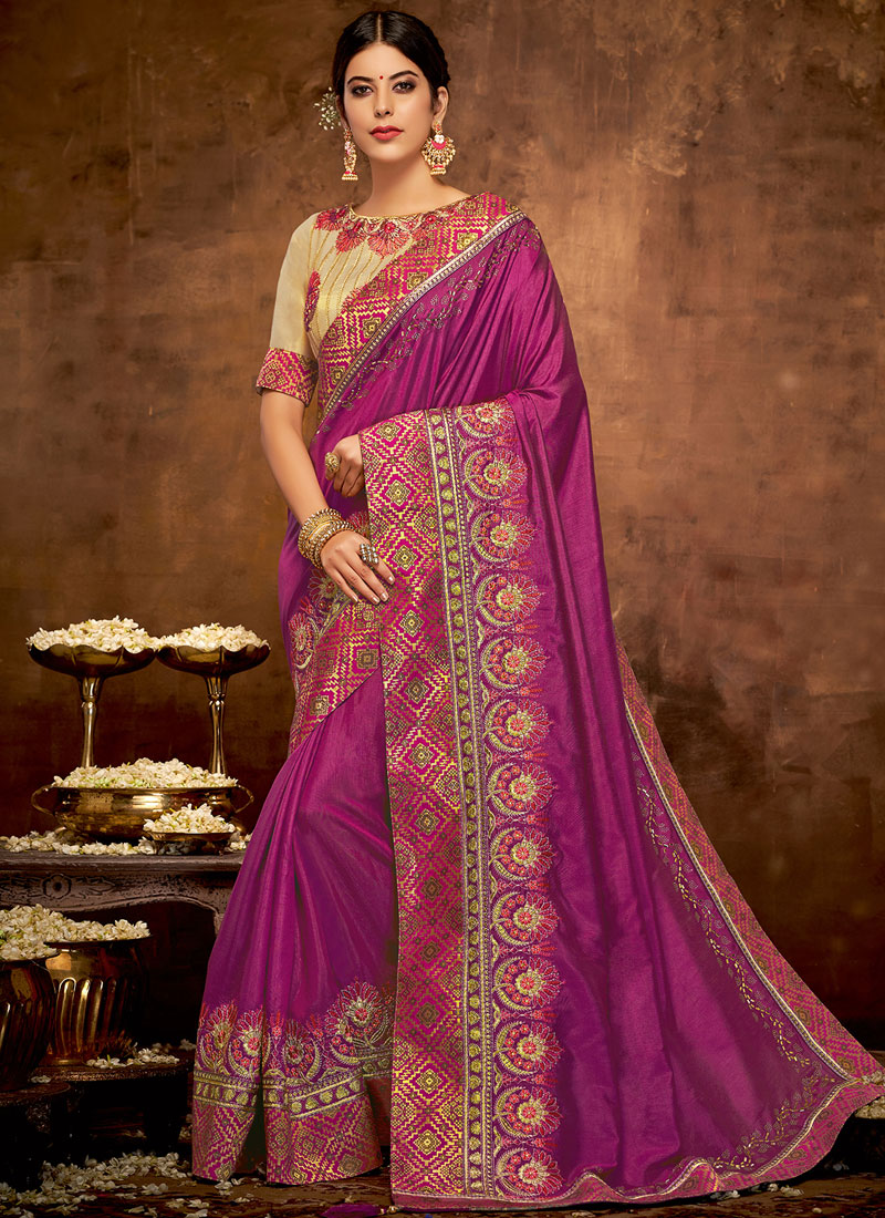 Shop Online Traditional Designer Saree Patch Border Satin Silk in Wine ...