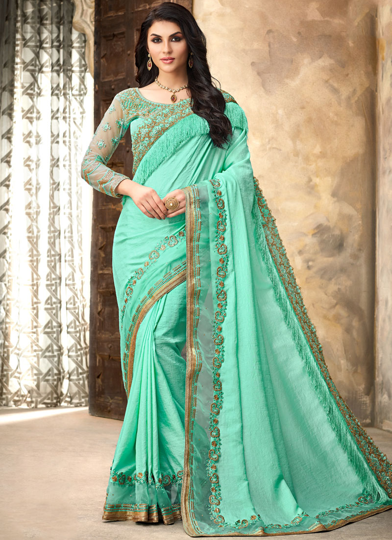 Buy Online Turquoise Silk Resham Classic Saree : 136970