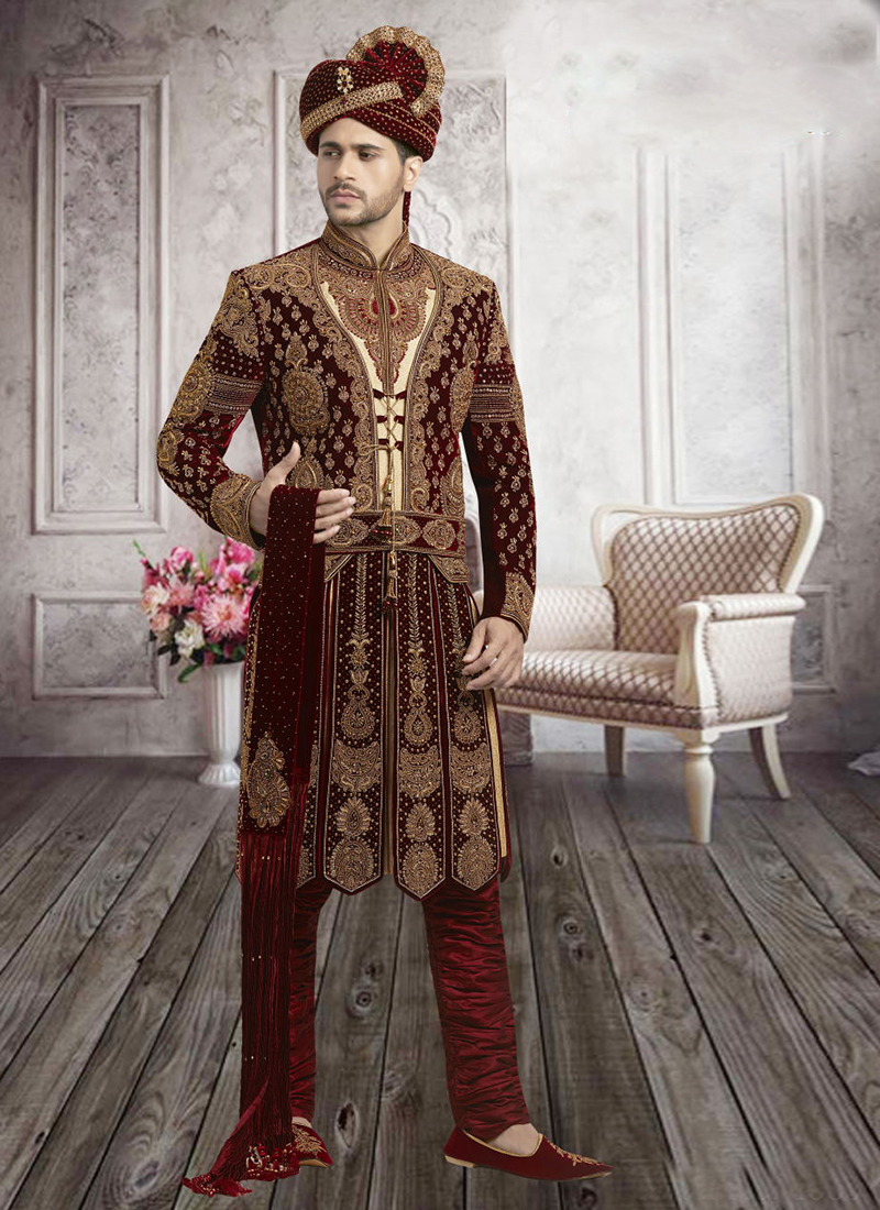 Maroon velvet sherwani for groom best sale