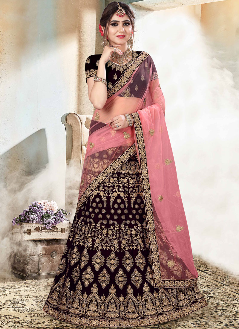 Shop Velvet Patch Border Lehenga Choli in Purple Online 99029