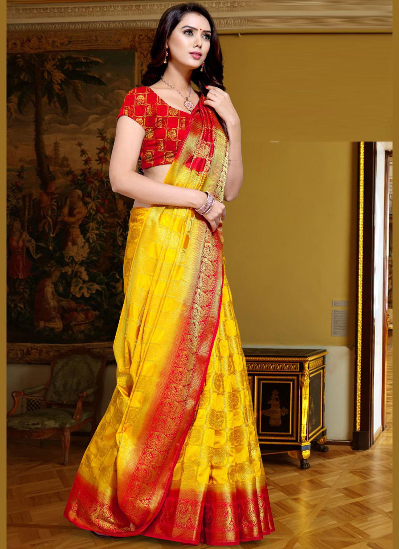 Bridal saree collection, Yellow georgette embroidered saree, Round neck  blouse