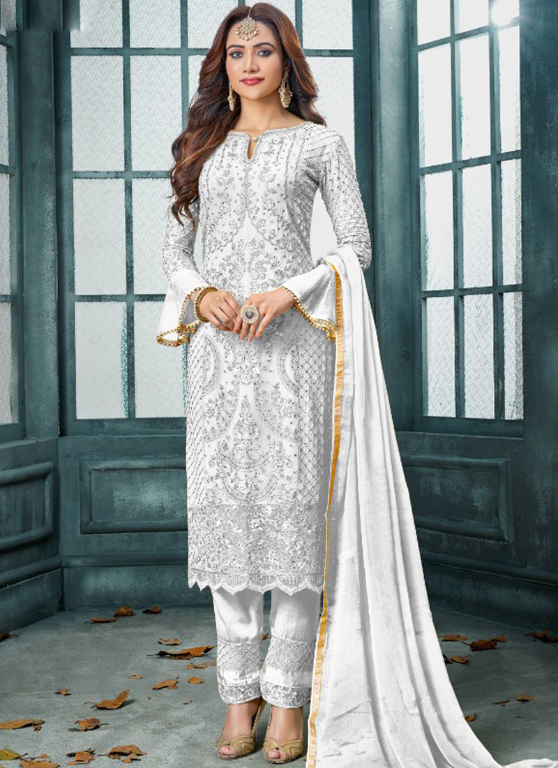 Shop White Embroidered Faux Georgette ...