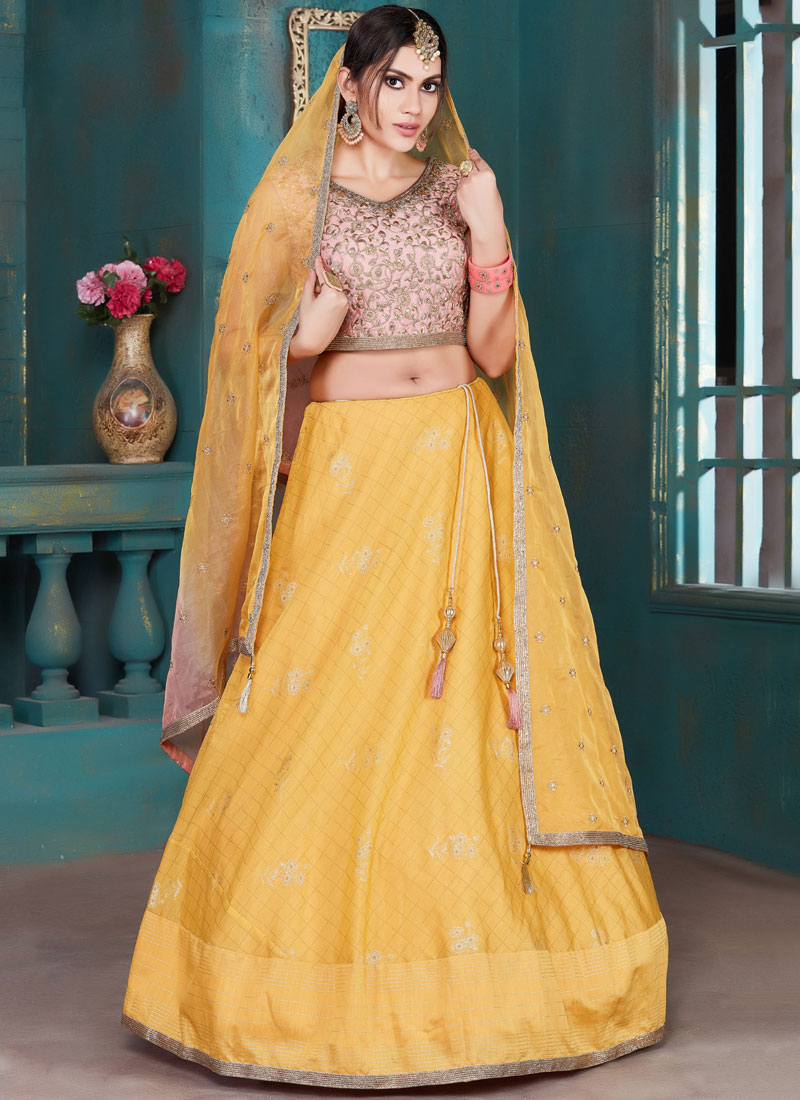 Buy Yellow Mehndi Art Silk Designer Lehenga Choli Online 