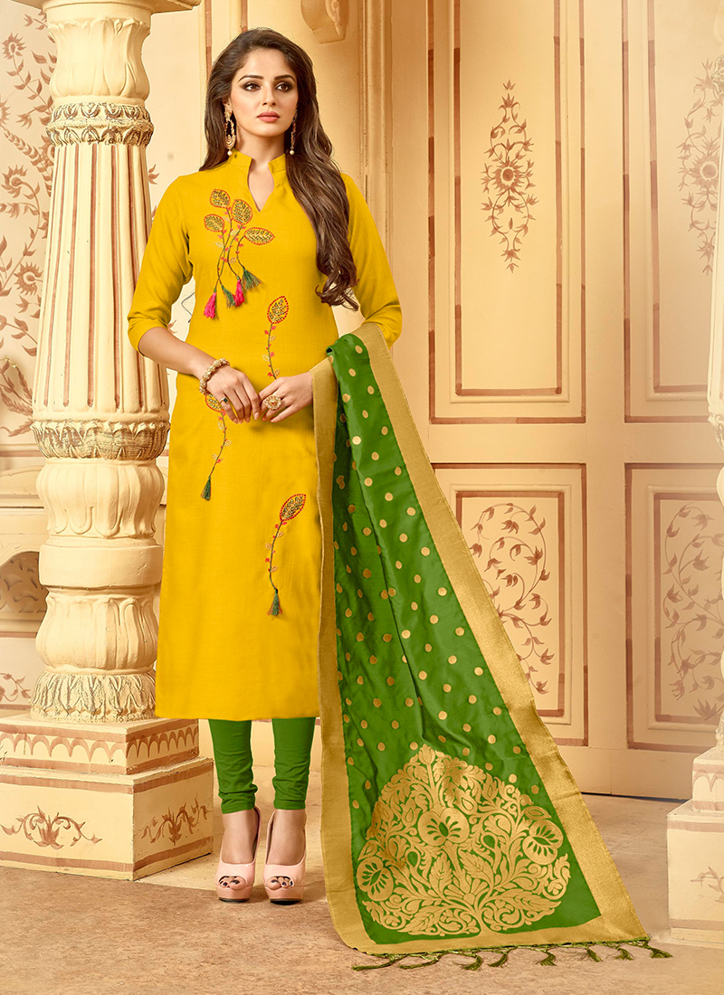 Buy South Cotton Indian Churidar Salwar Kameez In Mustard Color