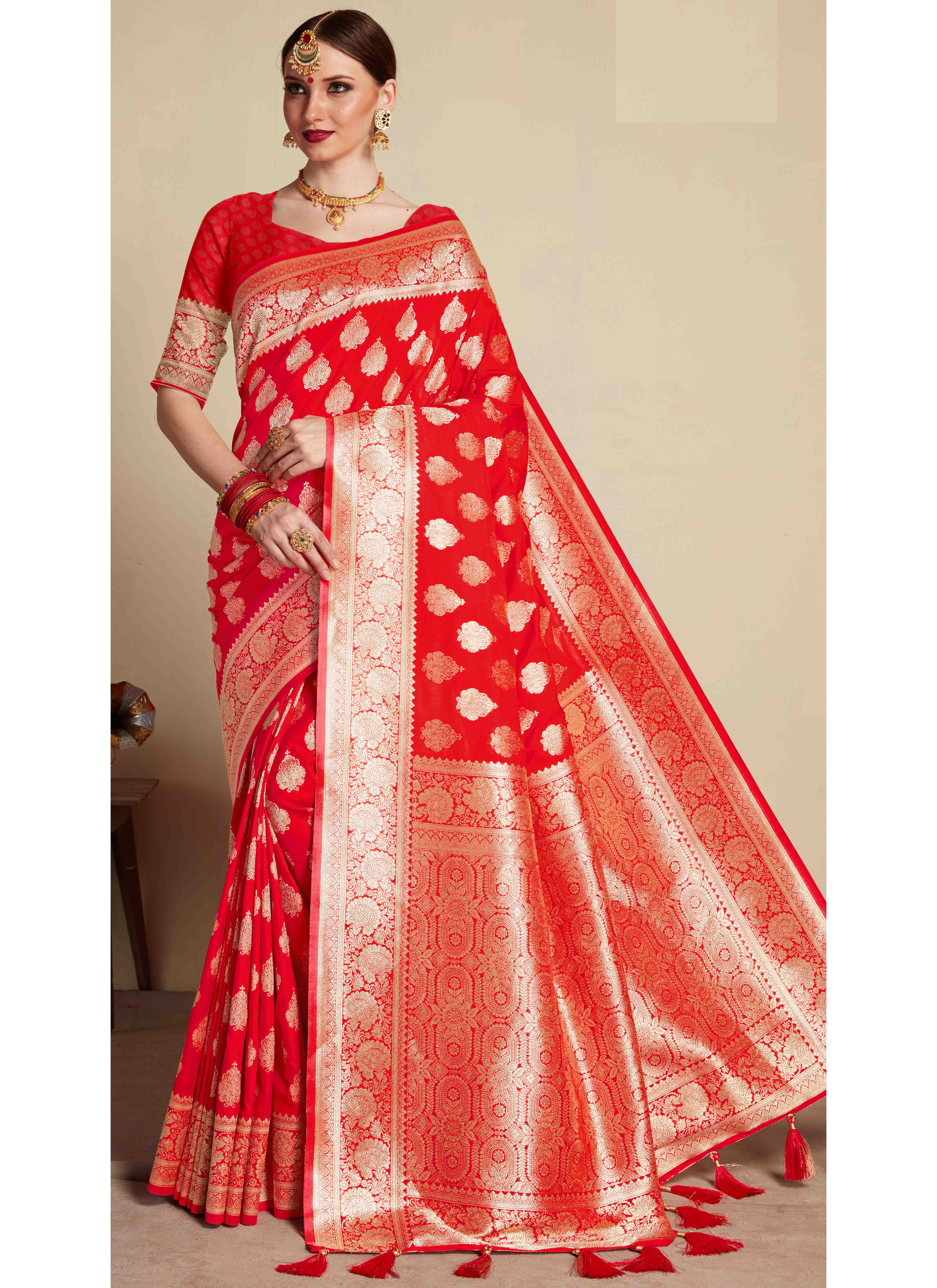Art Banarasi Silk Red Zari Saree buy online - Party Wear Sarees