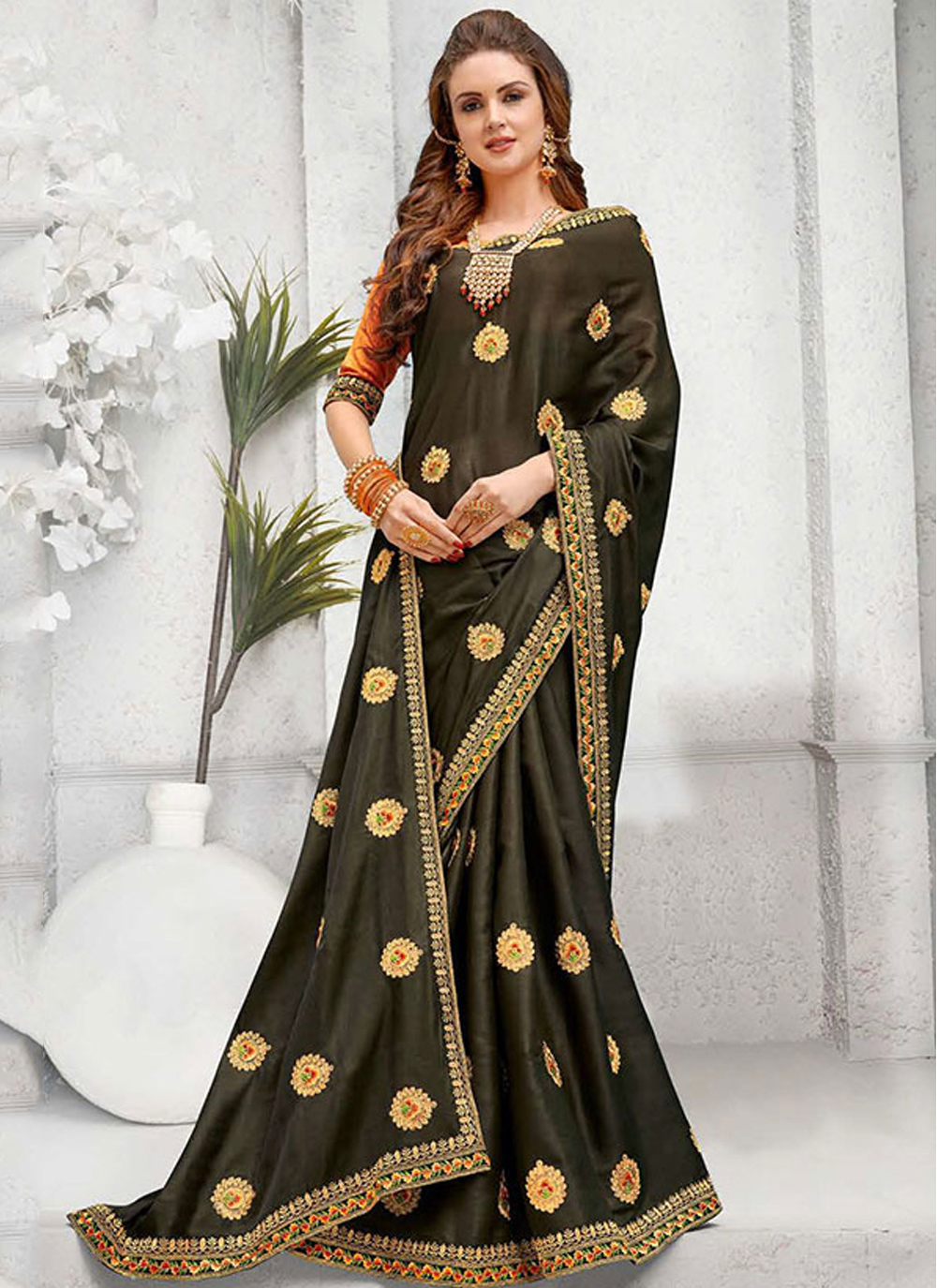 Buy Online Art Silk Green Embroidered Saree 155881