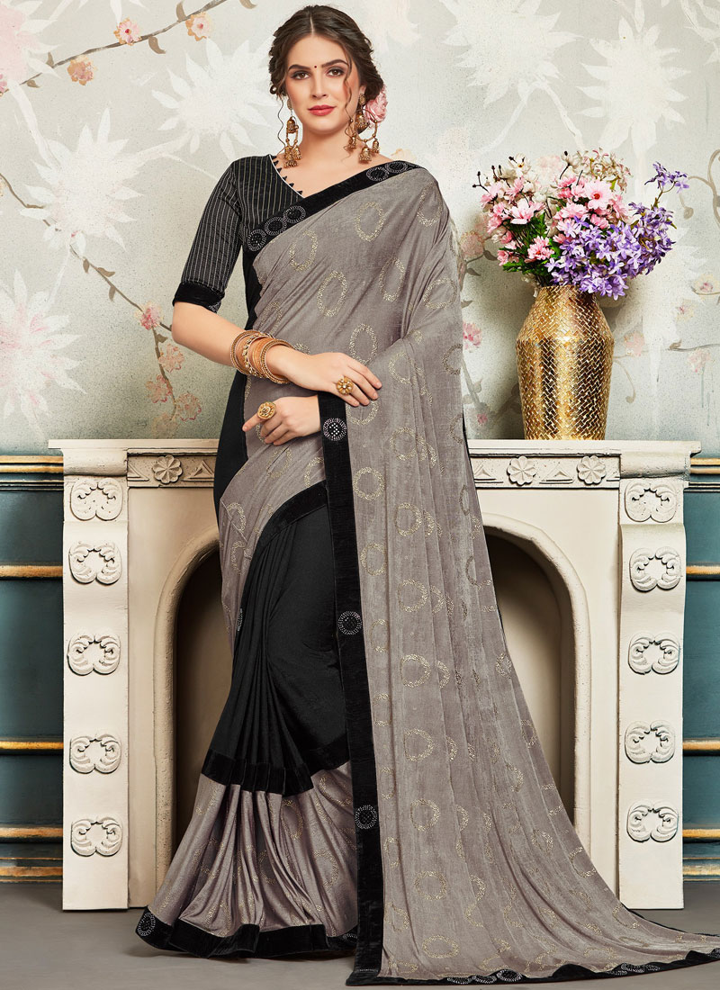 Women's Grey twill weaving with sage green pallu in white and black bo –  Trendia