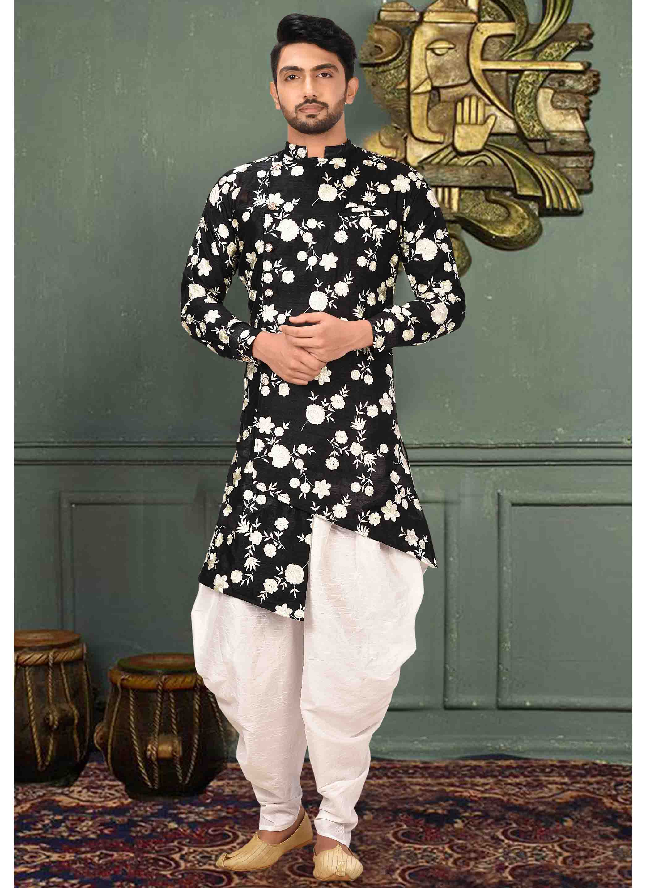 Buy Online Black Art Silk Reception Kurta Pyjama 162374