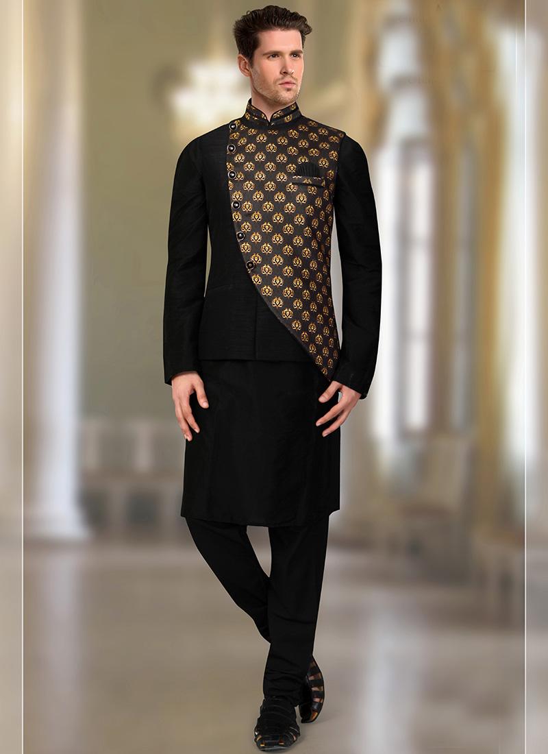 Buy Black Reception Kurta Payjama With Jacket Online 144388